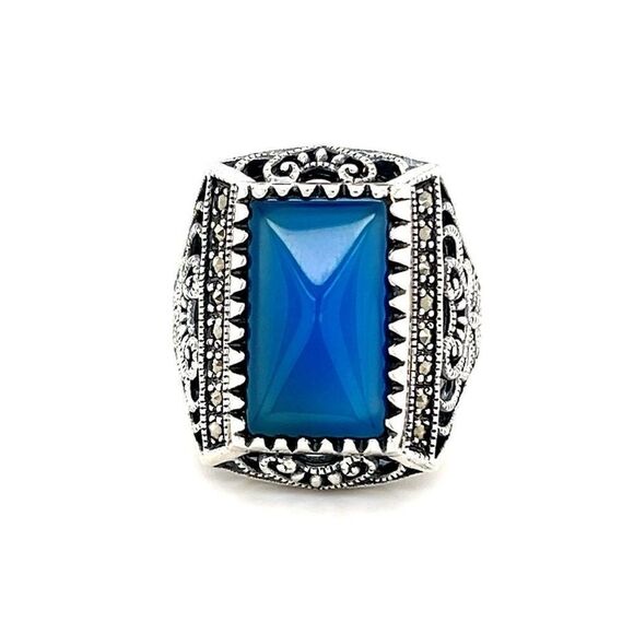 Large Sterling Silver 925 Blue Stone/Marcasite Ring - Picture 1 of 10